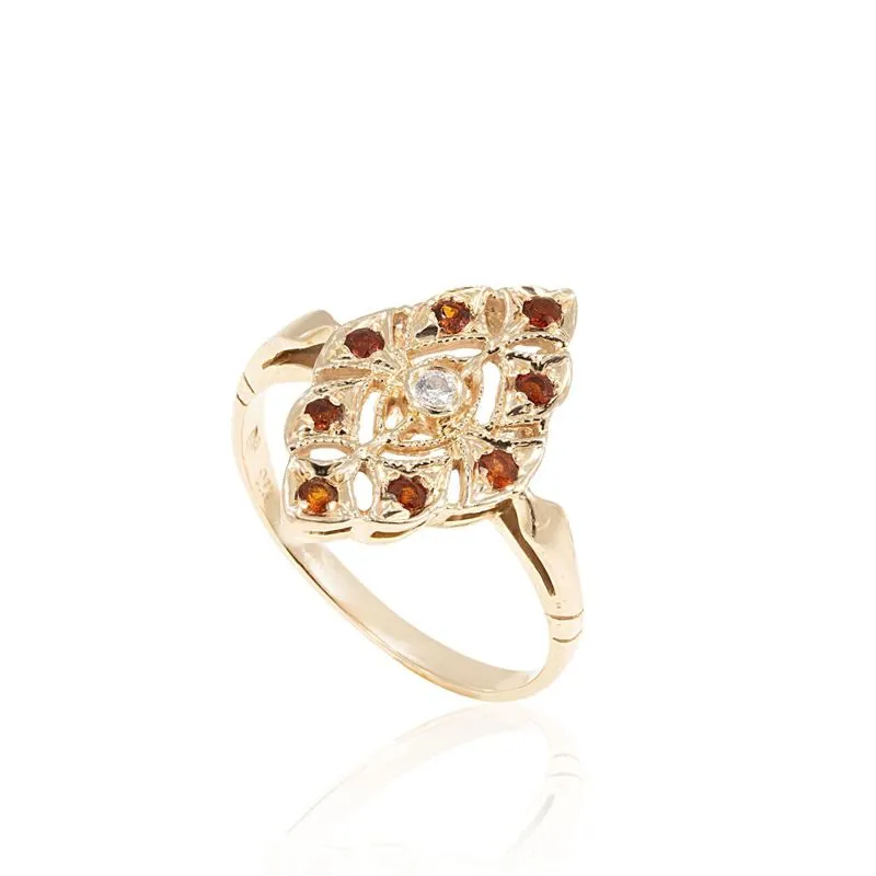 14K Yellow Gold Victorian Multistone Marquise Ring With 2mm Garnet