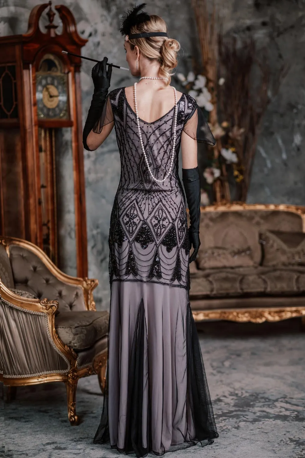 1920s Cap Sleeve Sequin Evening Dress