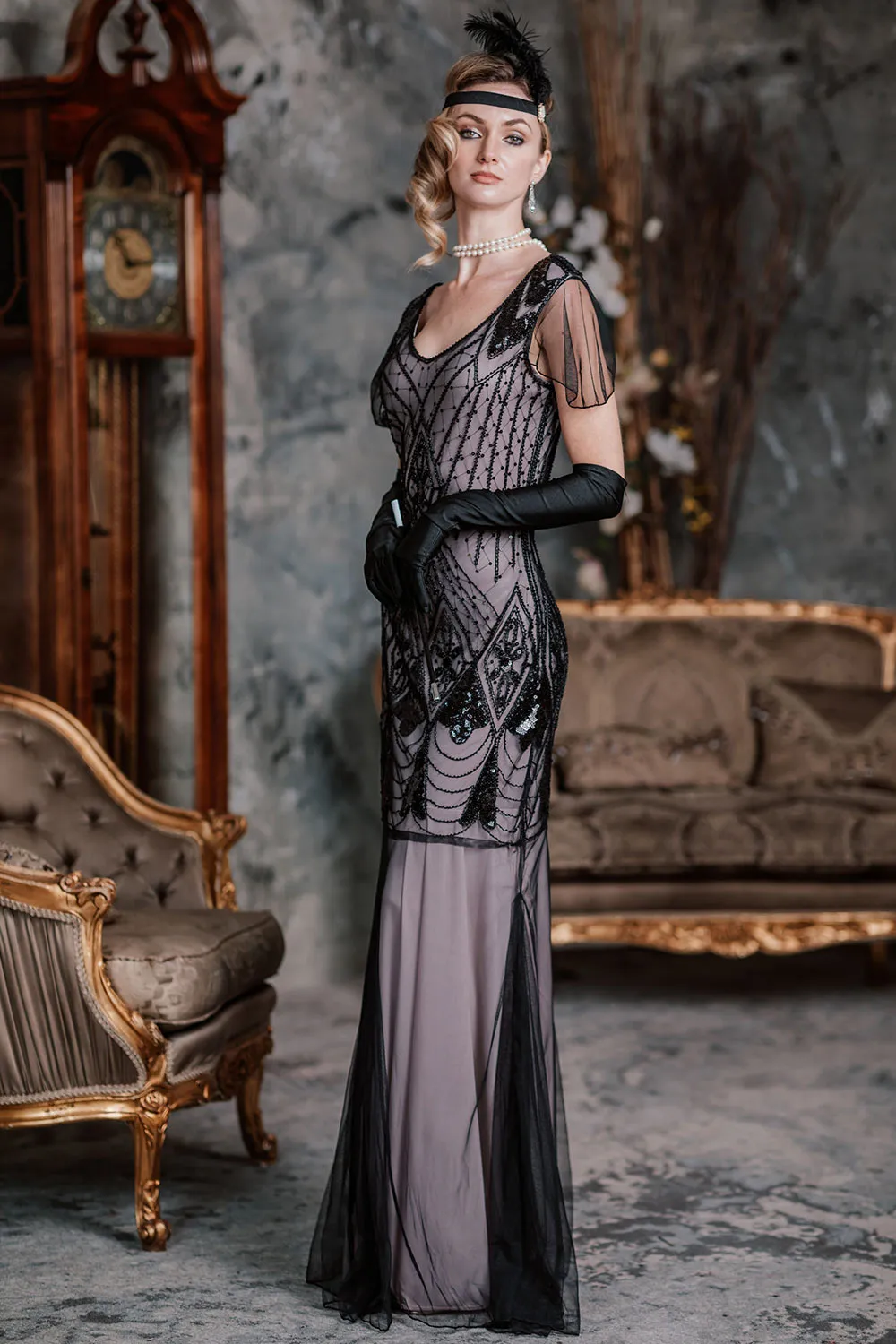 1920s Cap Sleeve Sequin Evening Dress