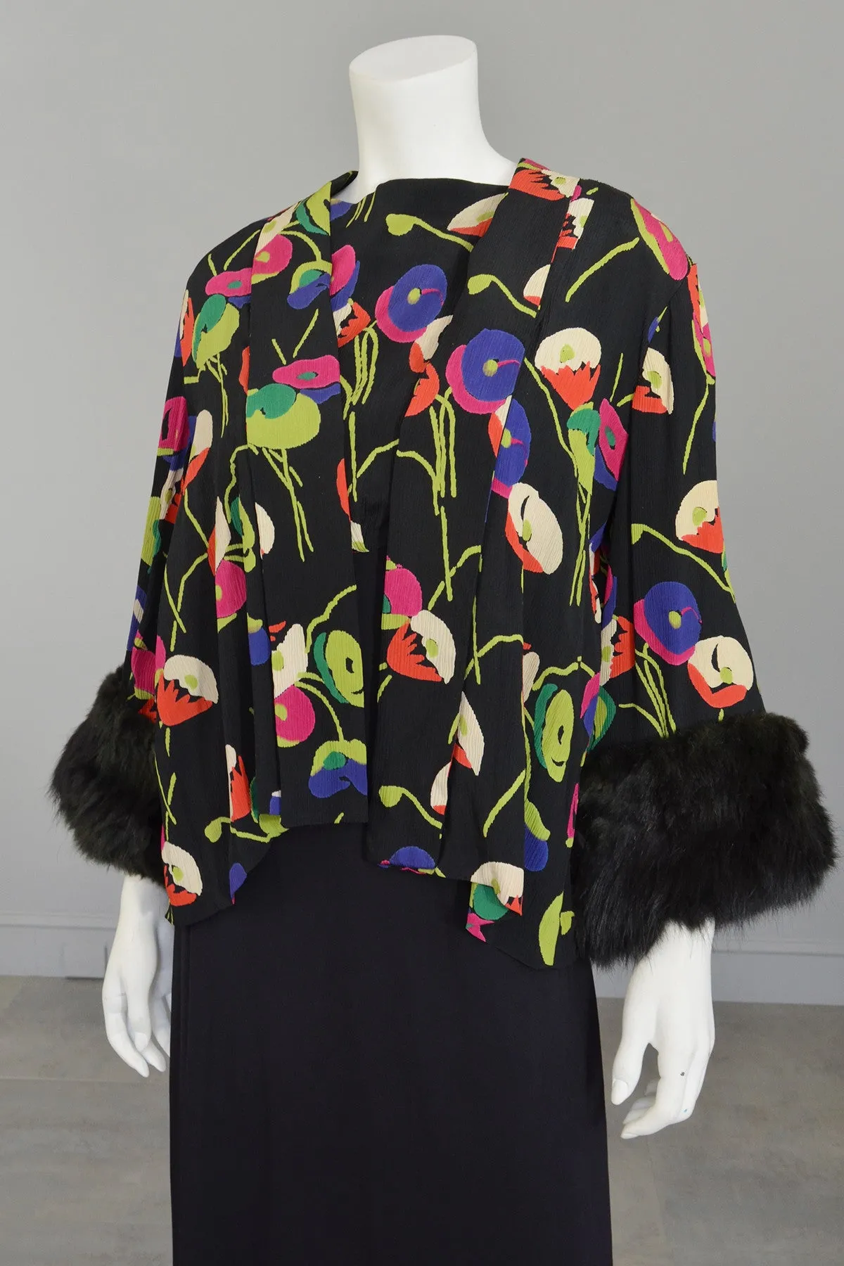 1930s Rayon Crepe Poppy Print Open Keyhole Plunge Back Gown and Matching Kimono Jacket