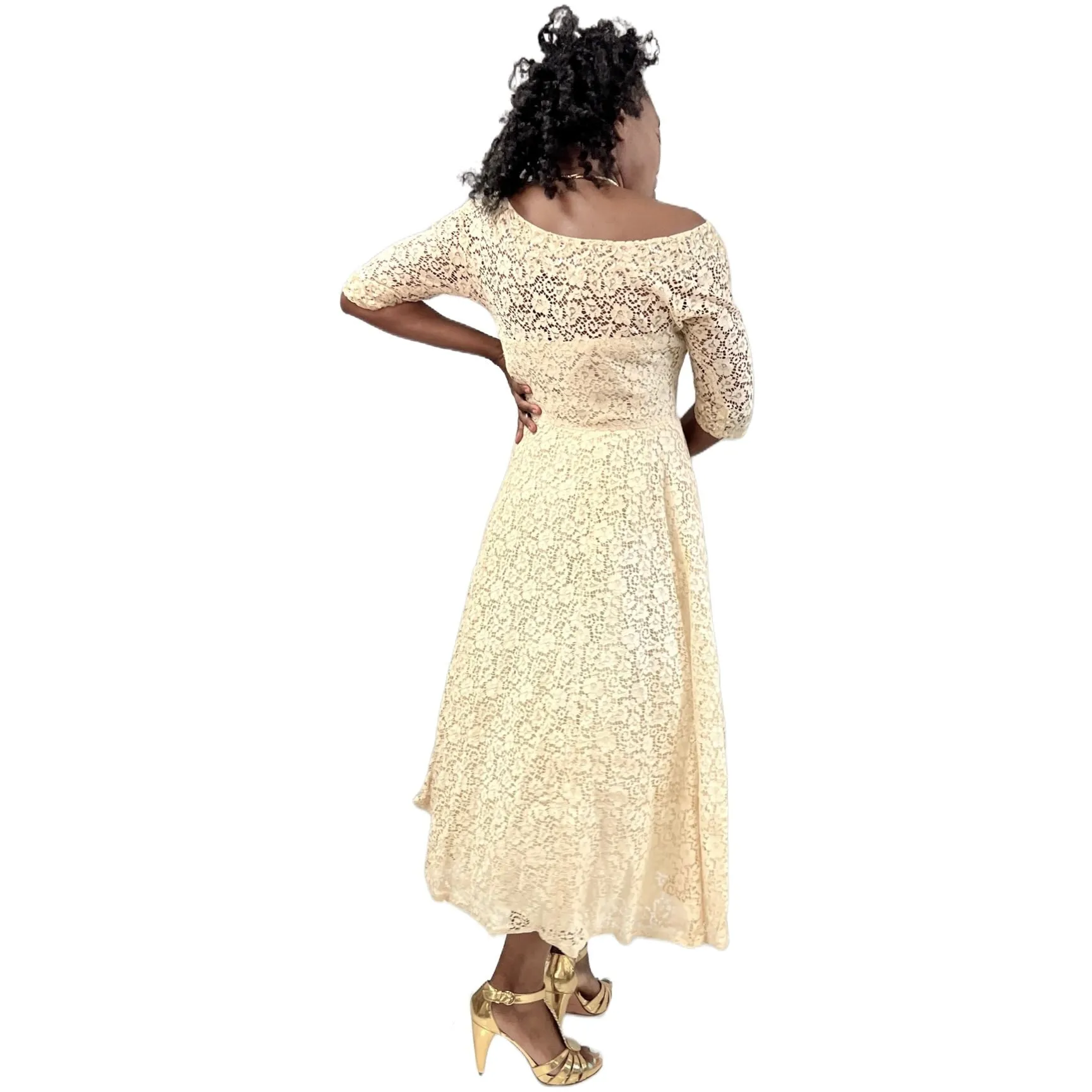 1950s Ivory Cotton Lace Gown Party / Wedding XS Circle Skirt Off Shoulder Sparkly