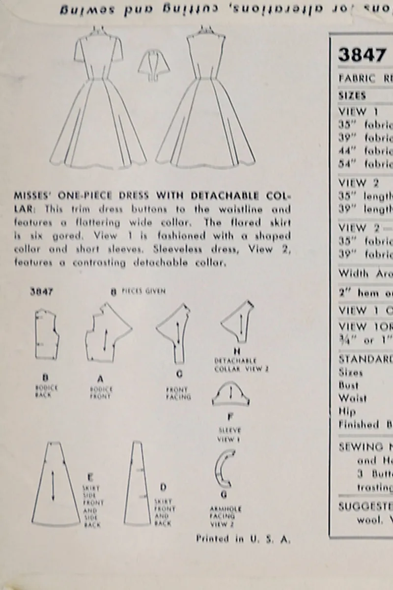 1952 Simplicity 3847 Vintage Dress Sewing Pattern w Detachable Wide Collar