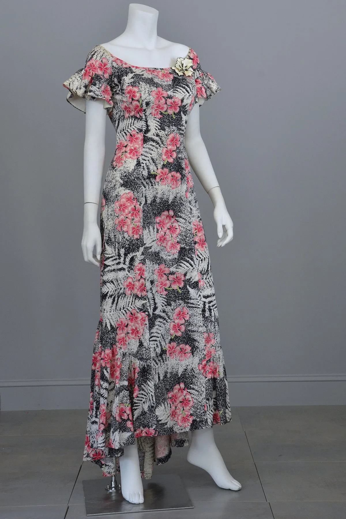 1970s Vintage Hawaiian Novelty Floral Print Maxi Mermaid Dress