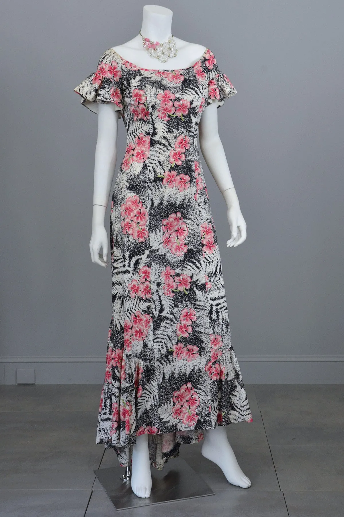 1970s Vintage Hawaiian Novelty Floral Print Maxi Mermaid Dress