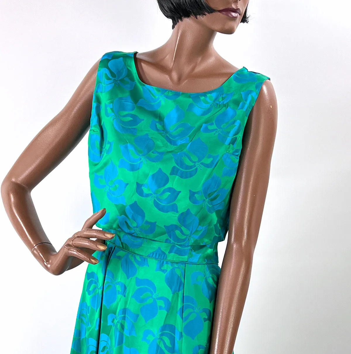 50s Party Dress with Popover Jacket Women's 60s Long Gown Blue Green Brocade Carol Brent VFG