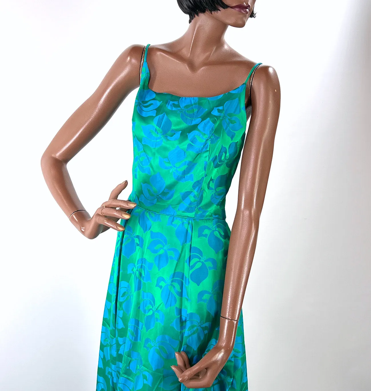 50s Party Dress with Popover Jacket Women's 60s Long Gown Blue Green Brocade Carol Brent VFG