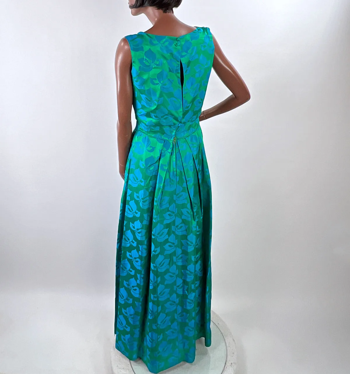 50s Party Dress with Popover Jacket Women's 60s Long Gown Blue Green Brocade Carol Brent VFG