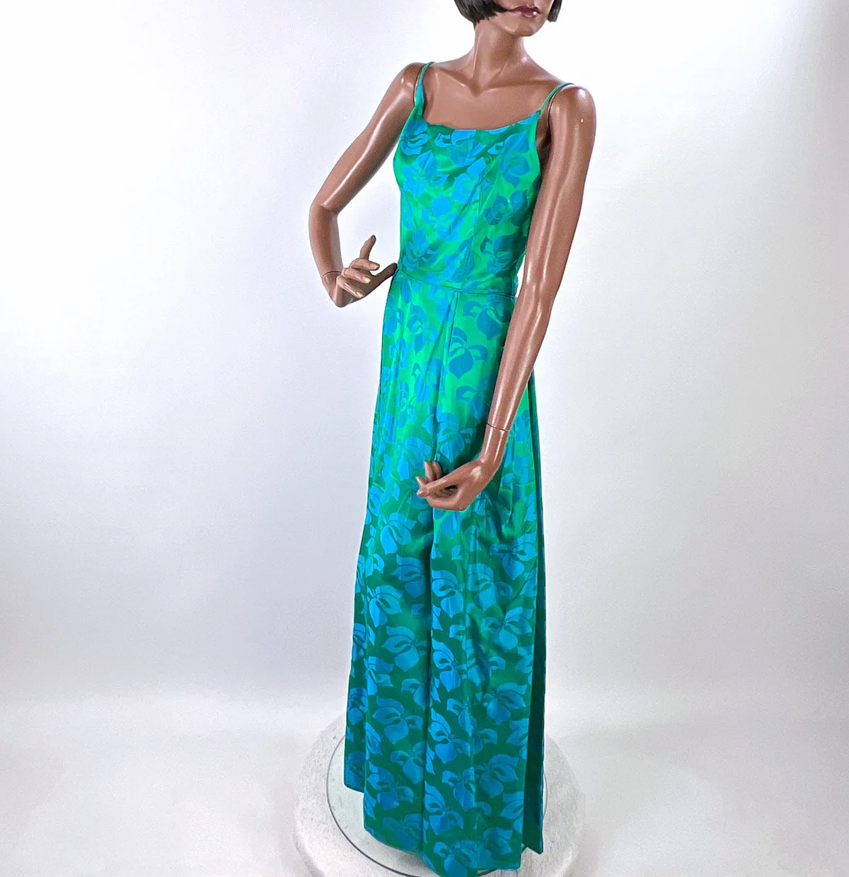 50s Party Dress with Popover Jacket Women's 60s Long Gown Blue Green Brocade Carol Brent VFG