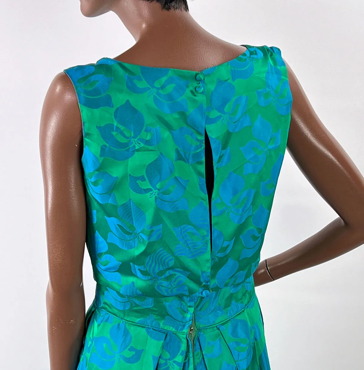 50s Party Dress with Popover Jacket Women's 60s Long Gown Blue Green Brocade Carol Brent VFG