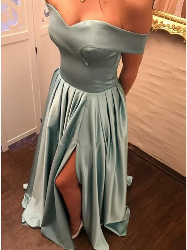 A Line Off Shoulder Satin Turquoise Long Prom with Slit, Turquoise Formal, Evening