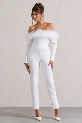 Ales | White Bardot Tailored Straight-Leg Jumpsuit With Feather Trim