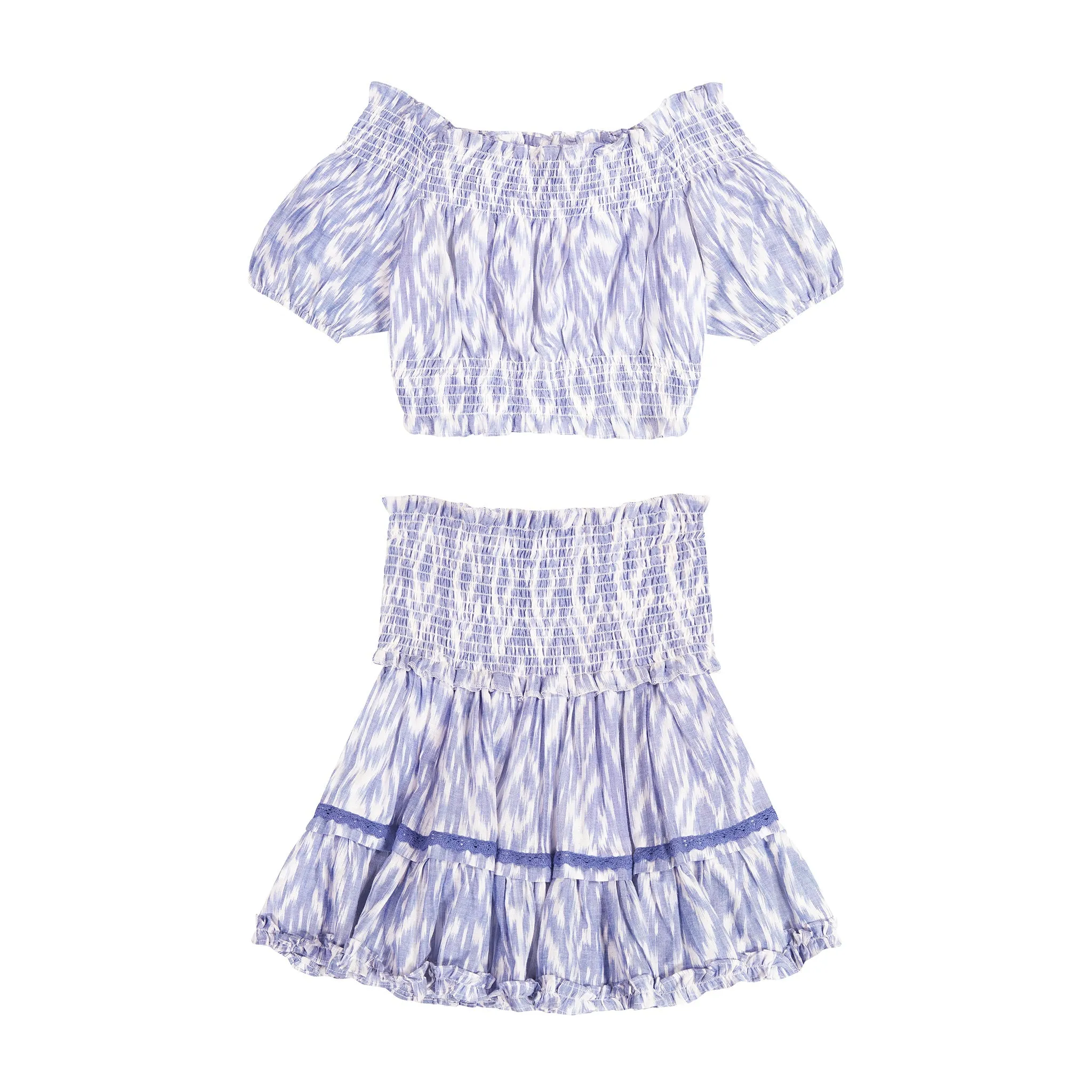 Amelie Women's Crop Top And Skirt Set in Blue Ikat