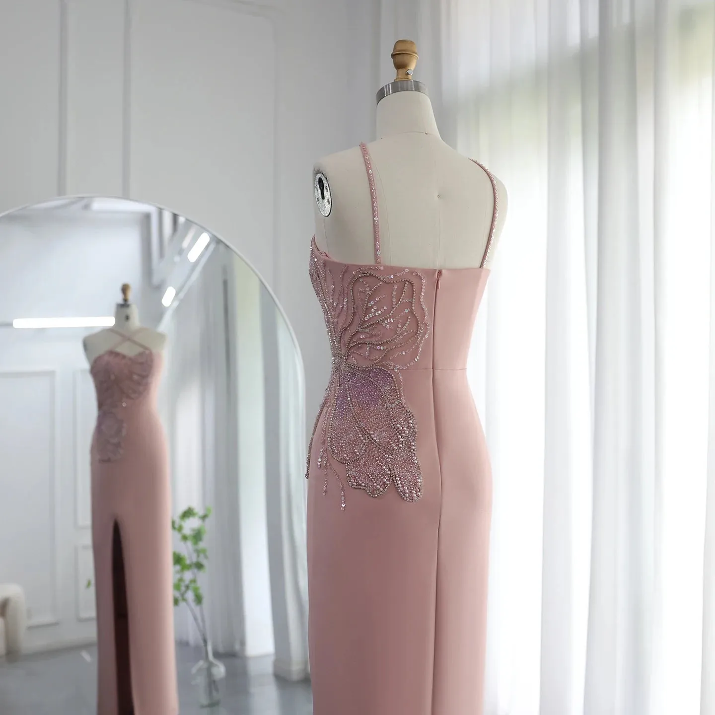 Arabic Crisscross Straps Pink Evening Dress Luxury Butterfly Beaded Slit Dubai Women Wedding Party Gowns