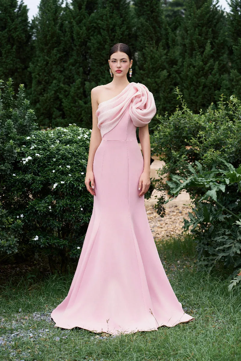 ASYMMETRICAL SHOULDER MERMAID GOWN WITH FLORAL DRAPED DETAILS