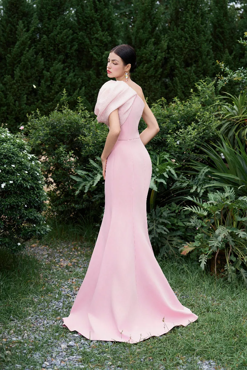 ASYMMETRICAL SHOULDER MERMAID GOWN WITH FLORAL DRAPED DETAILS