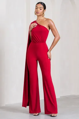 Aurora | Red One Shoulder Cape Sleeve Jumpsuit