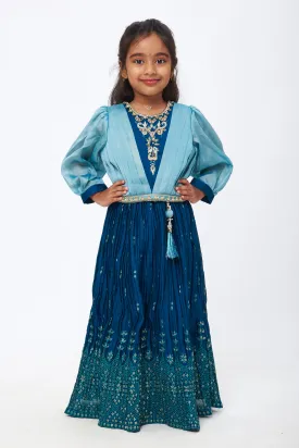 Azure Allure: Girls Teal Blue Pleated Gown with Crystal-Studded Blouse