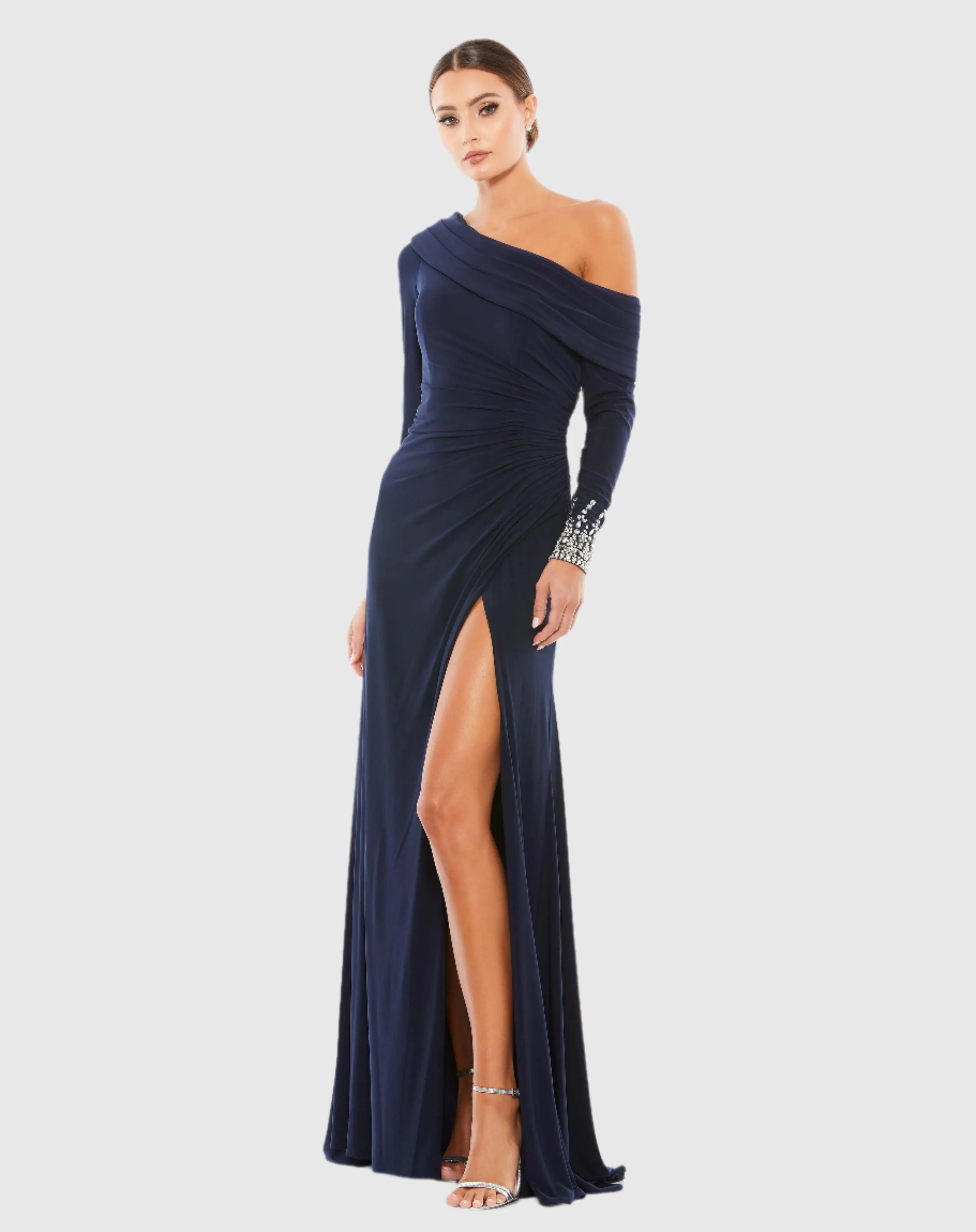 Beaded Cuff Drop Shoulder Faux Wrap Gown