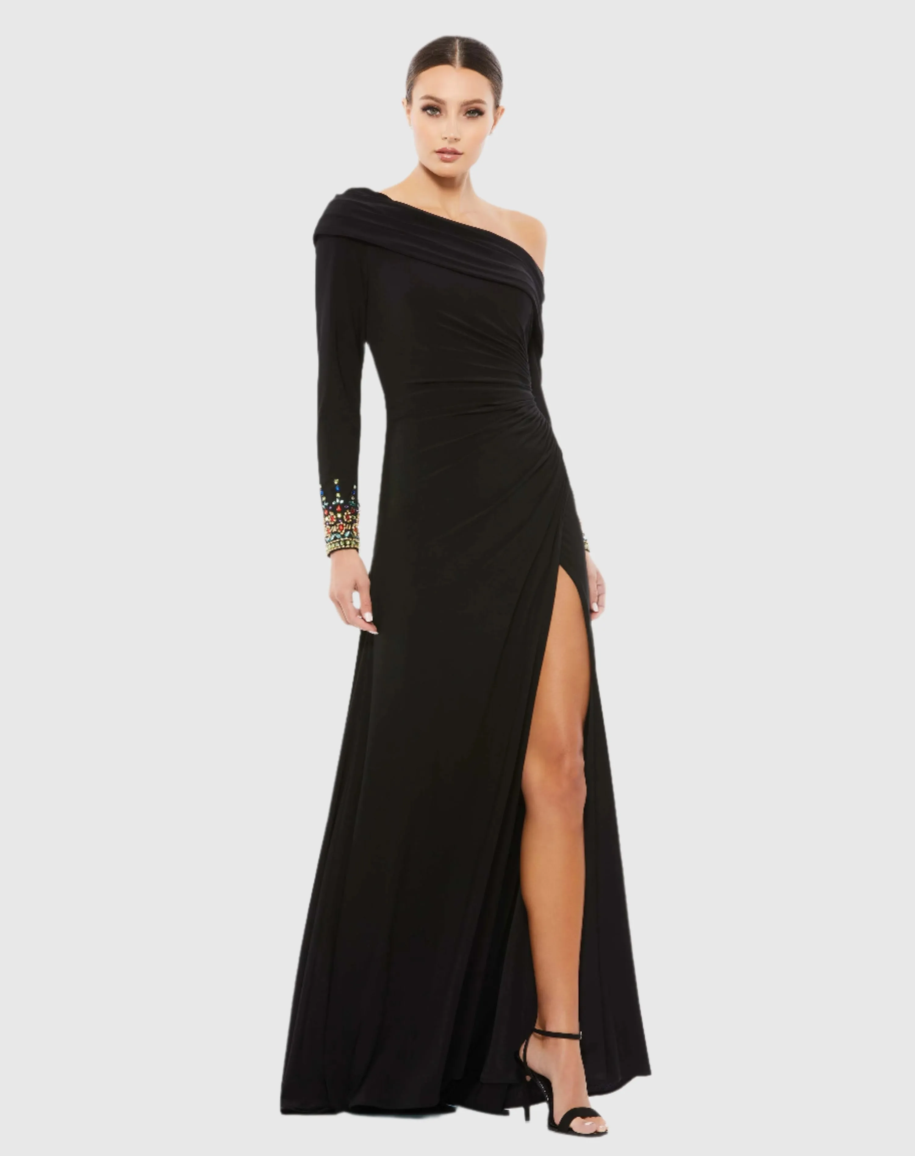 Beaded Cuff Drop Shoulder Faux Wrap Gown