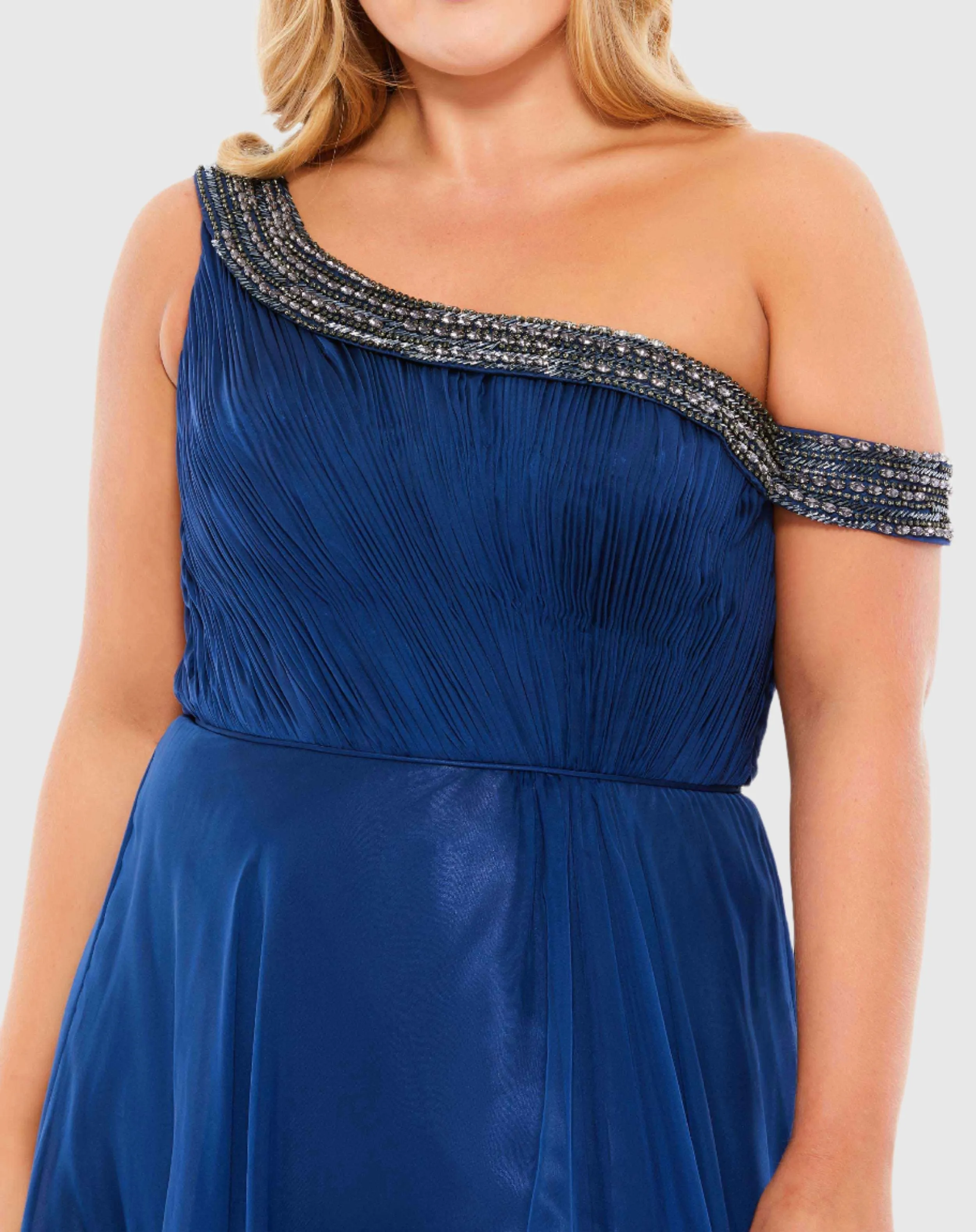 Beaded Drop Shoulder Pleated Flowy Gown (Plus) - FINAL SALE