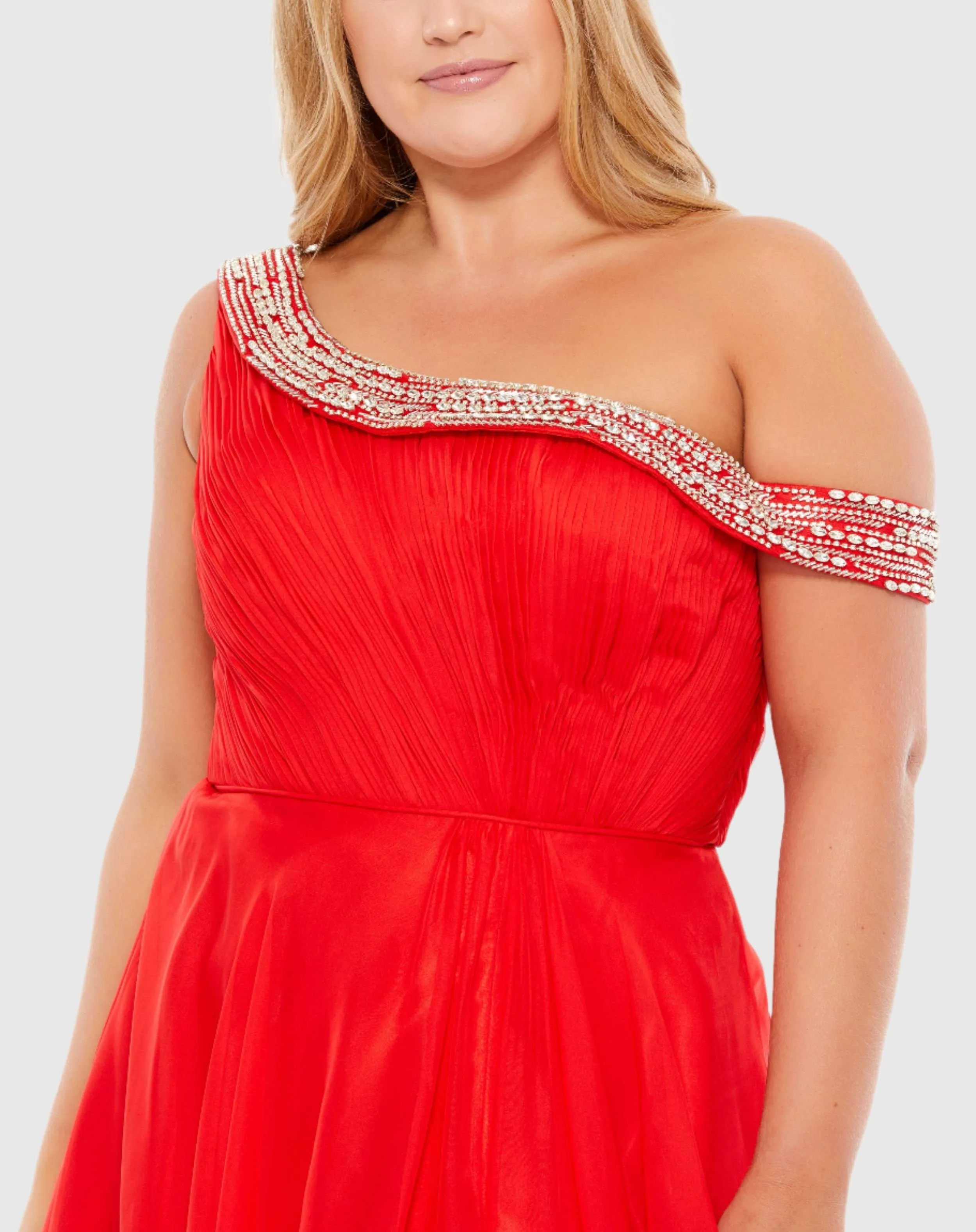 Beaded Drop Shoulder Pleated Flowy Gown (Plus) - FINAL SALE