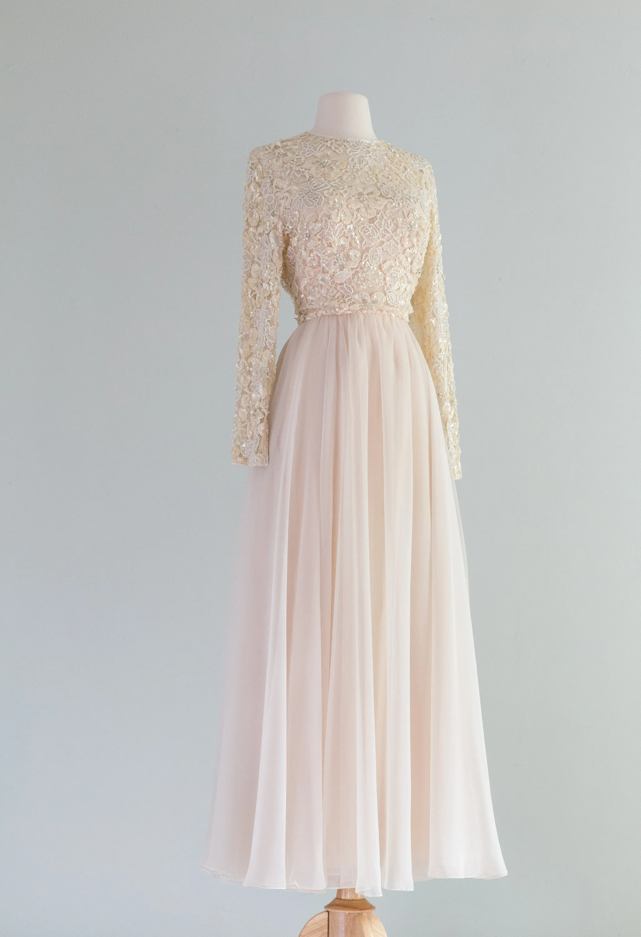 Beautiful Blushing Chiffon Evening Gown With Beaded Bodice / Waist 30