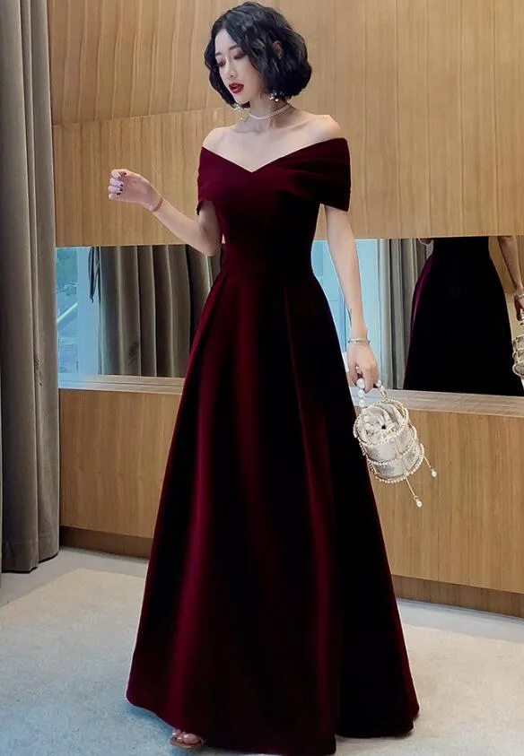 Beautiful Dark Red Velvet Off Shoulder Bridesmaid Dress, A-line Long Prom Dresses