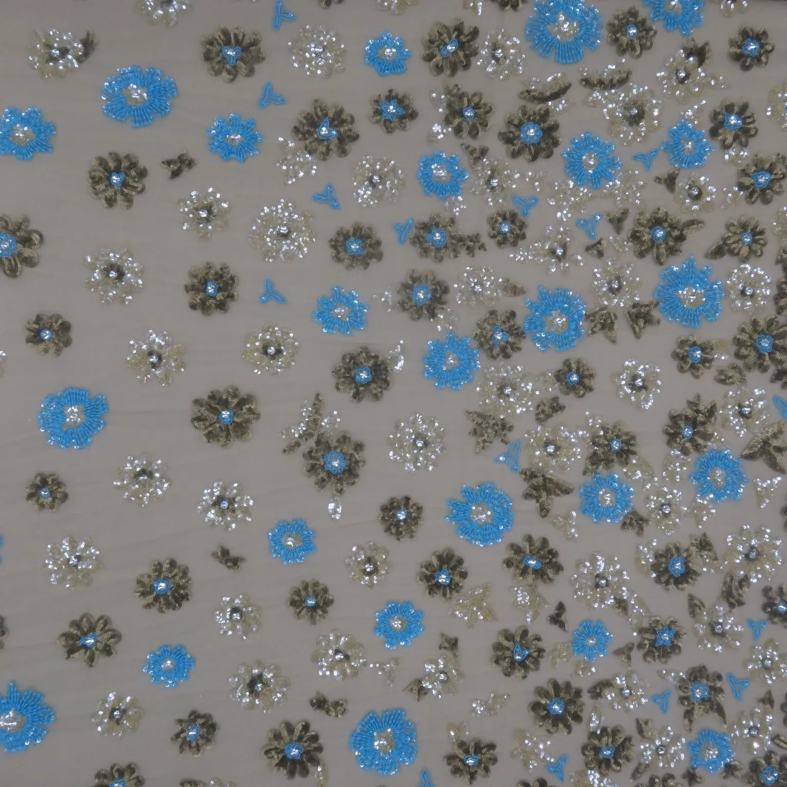 Beige Tulle with Blue Bronze and Gold Sequin Floral Embroidered Fabric