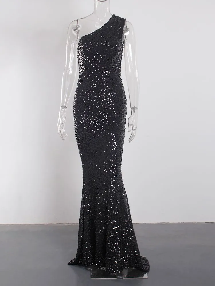 BerriesJam - 2024 One Shoulder Sequin Cocktail Gown Mermaid Long Party Dress