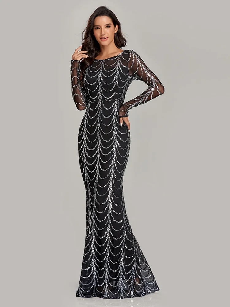 BerriesJam - 2024 Plus Size O Neck Full Sleeve Mermaid Sequins Evening Dress