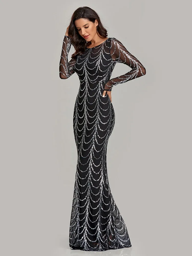 BerriesJam - 2024 Plus Size O Neck Full Sleeve Mermaid Sequins Evening Dress