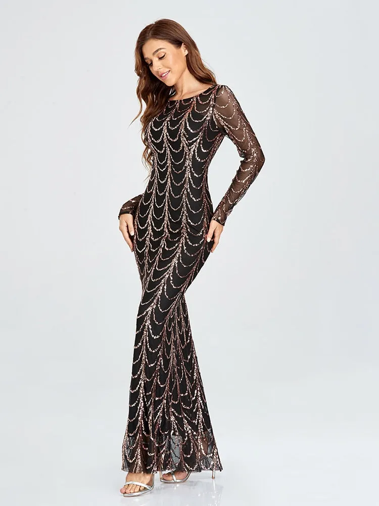 BerriesJam - 2024 Plus Size O Neck Full Sleeve Mermaid Sequins Evening Dress