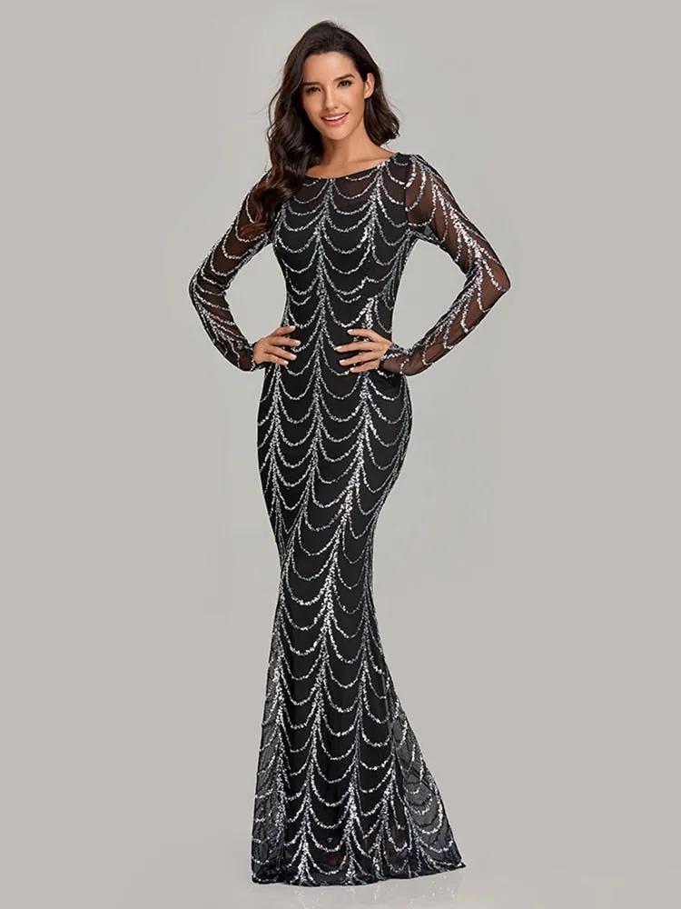 BerriesJam - 2024 Plus Size O Neck Full Sleeve Mermaid Sequins Evening Dress