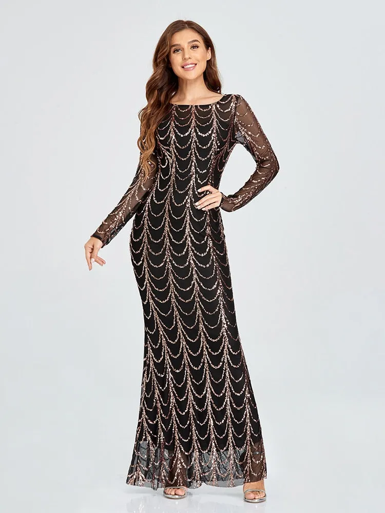 BerriesJam - 2024 Plus Size O Neck Full Sleeve Mermaid Sequins Evening Dress