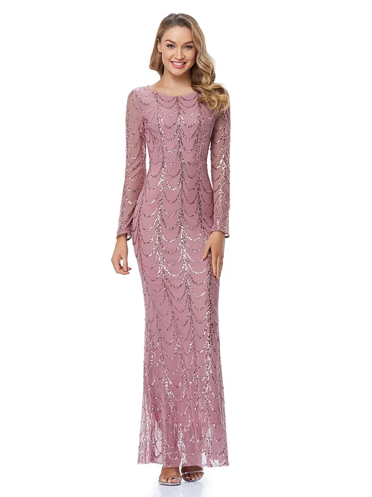 BerriesJam - 2024 Plus Size O Neck Full Sleeve Mermaid Sequins Evening Dress