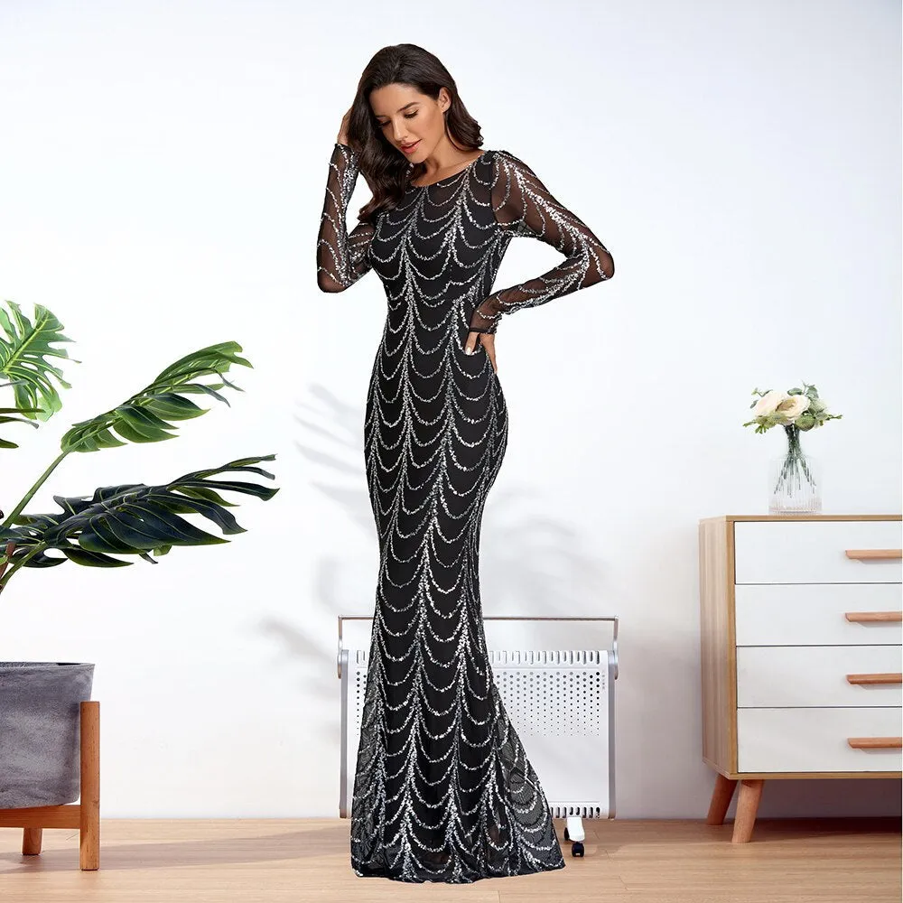 BerriesJam - 2024 Plus Size O Neck Full Sleeve Mermaid Sequins Evening Dress