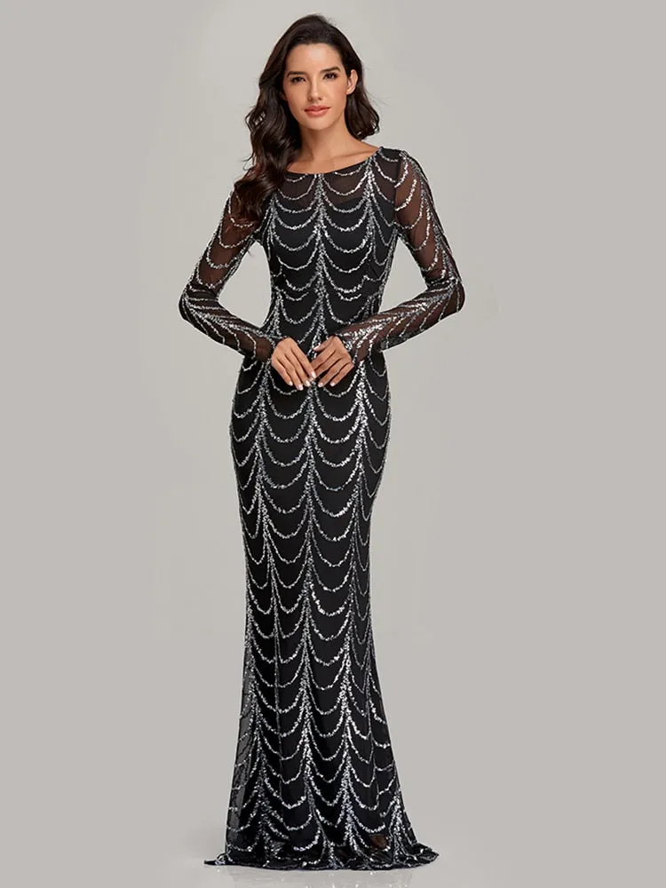 BerriesJam - 2024 Plus Size O Neck Full Sleeve Mermaid Sequins Evening Dress