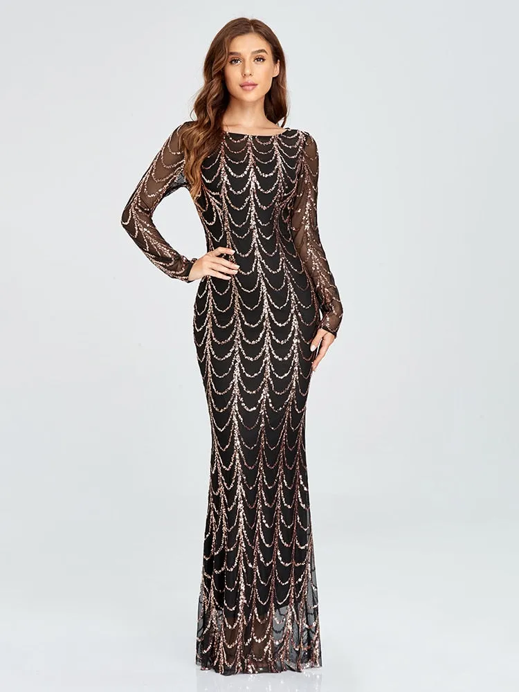 BerriesJam - 2024 Plus Size O Neck Full Sleeve Mermaid Sequins Evening Dress