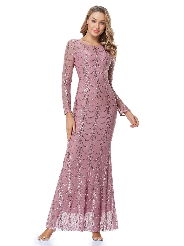 BerriesJam - 2024 Plus Size O Neck Full Sleeve Mermaid Sequins Evening Dress