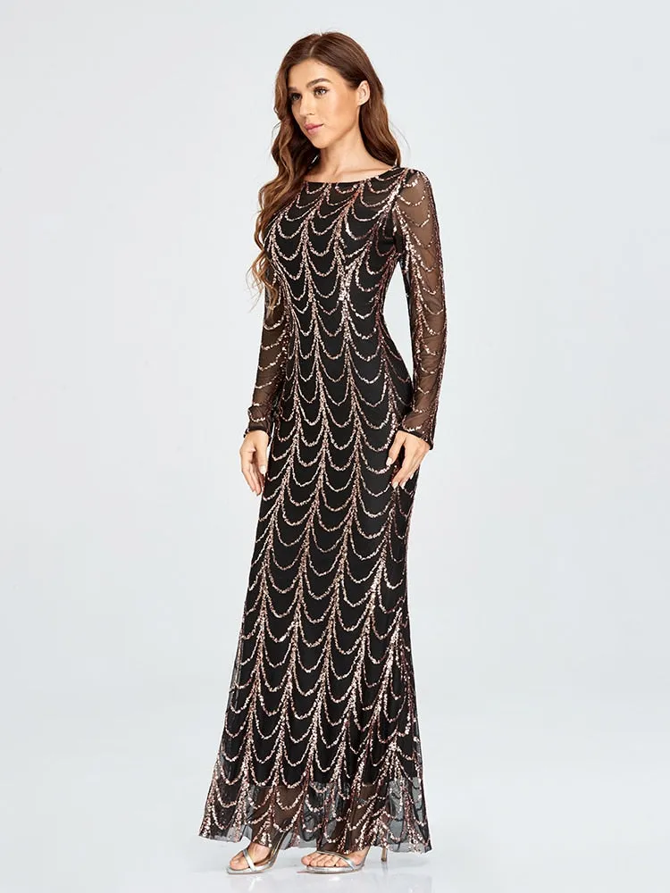 BerriesJam - 2024 Plus Size O Neck Full Sleeve Mermaid Sequins Evening Dress