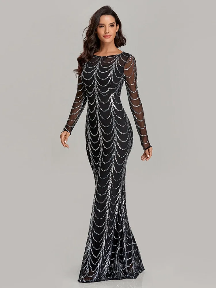 BerriesJam - 2024 Plus Size O Neck Full Sleeve Mermaid Sequins Evening Dress