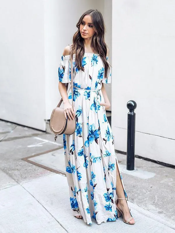 BerryBetty - Blue Bohemia Printed Off-The-Shoulder Maxi Dress