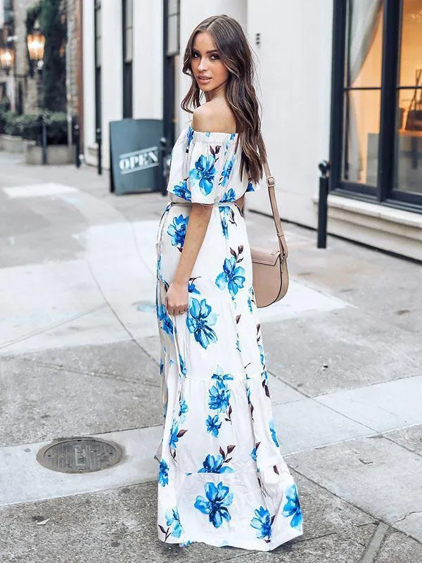 BerryBetty - Blue Bohemia Printed Off-The-Shoulder Maxi Dress