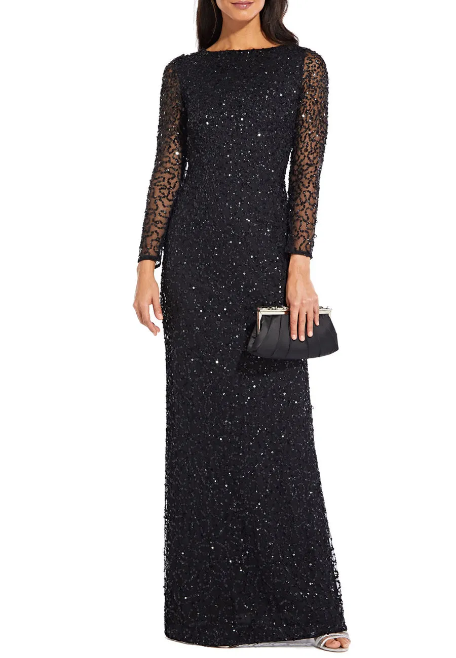 Black Allover Sequins Long Sleeves Gown