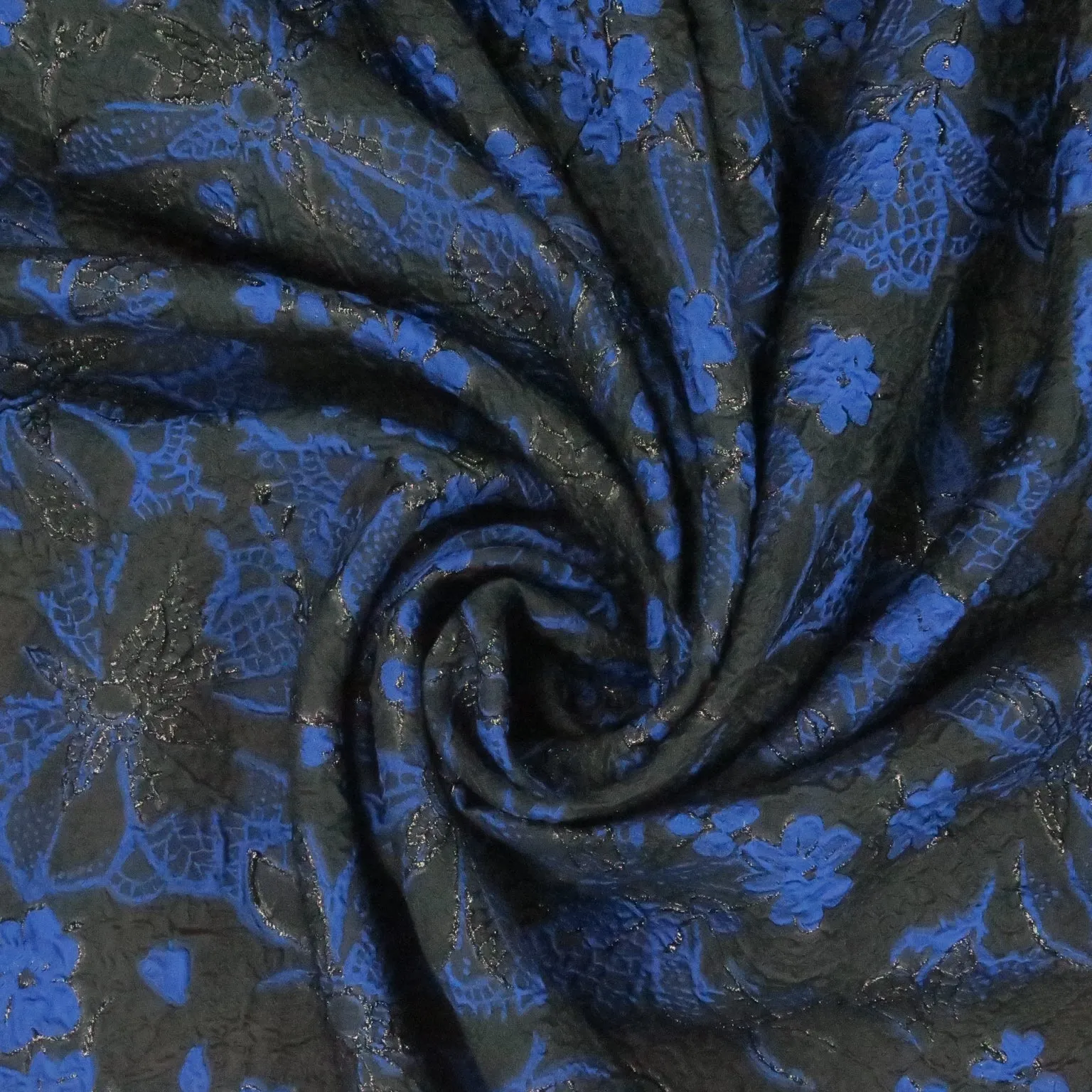 Black and Blue Floral Textured Brocade Fabric