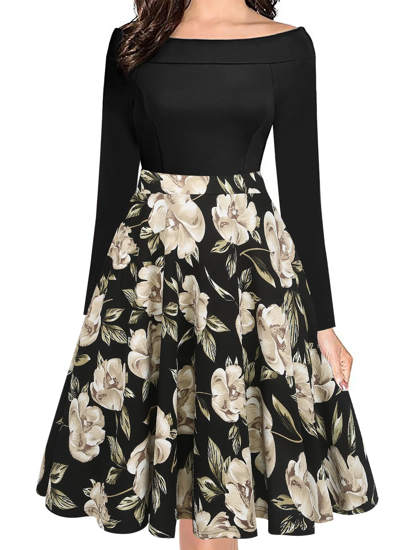 Black Bodice Contrast Off-Shoulder Dress