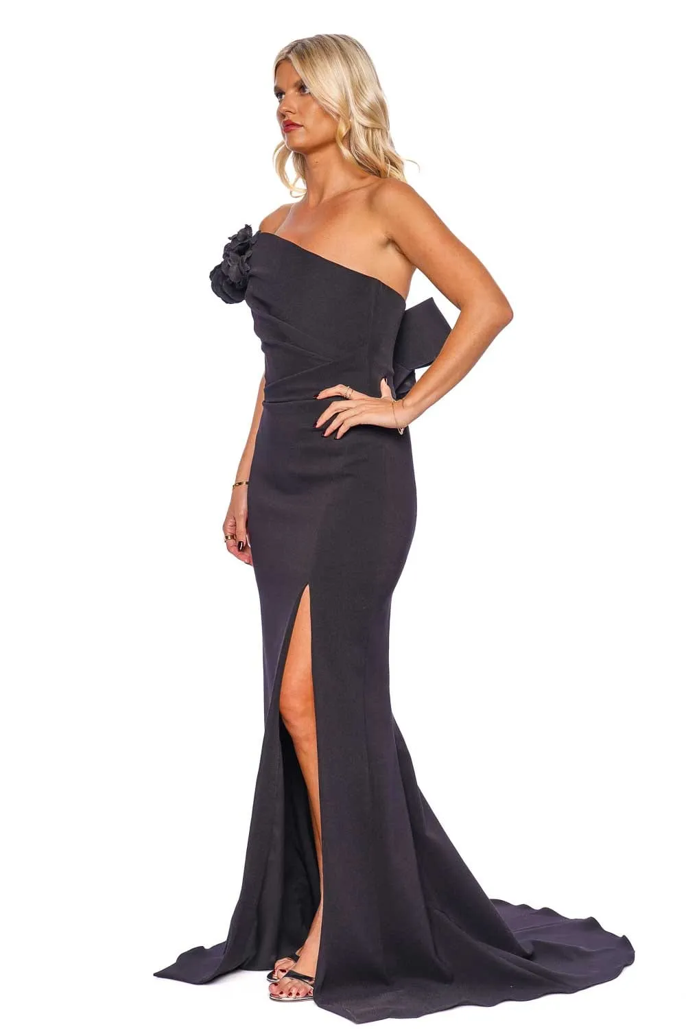 Black One Shoulder Crepe Gown