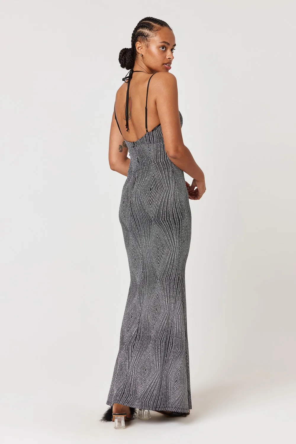 Black Silver Caviar Beaded Gown