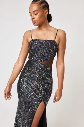 Black Silver Teal Mesh Cut Out Gown