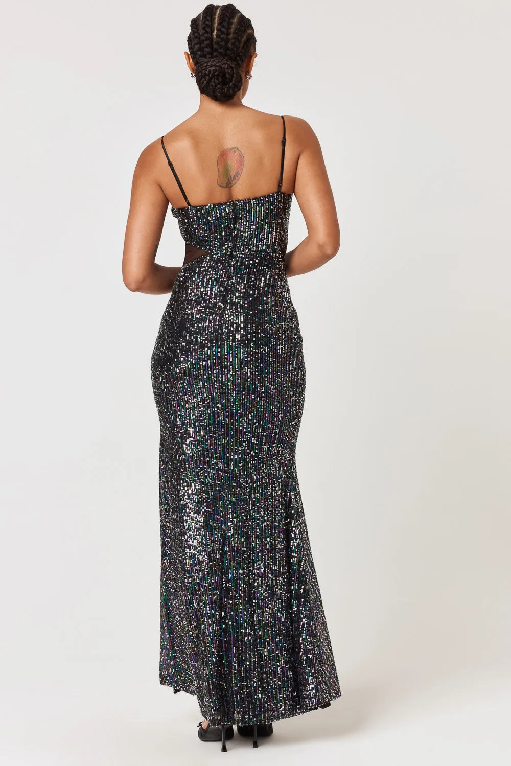 Black Silver Teal Mesh Cut Out Gown